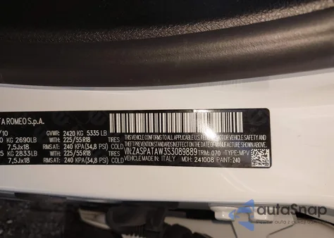 2025 Alfa Romeo Tonale Base из США, поврежденный, VIN ZASPATAW3S3089889